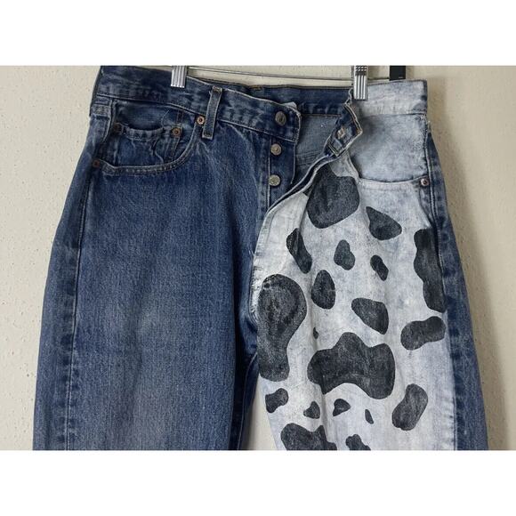 Vtg Levi's 501 Button Fly Blue Denim Jeans Rare Black And White Painted 34×34 - Picture 3 of 16